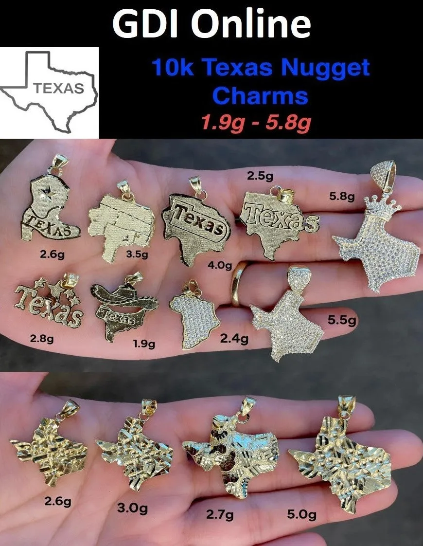 10K Real Gold Texas MAP CZ & Nugget, Cowboy Boot, Hat & Africa Map