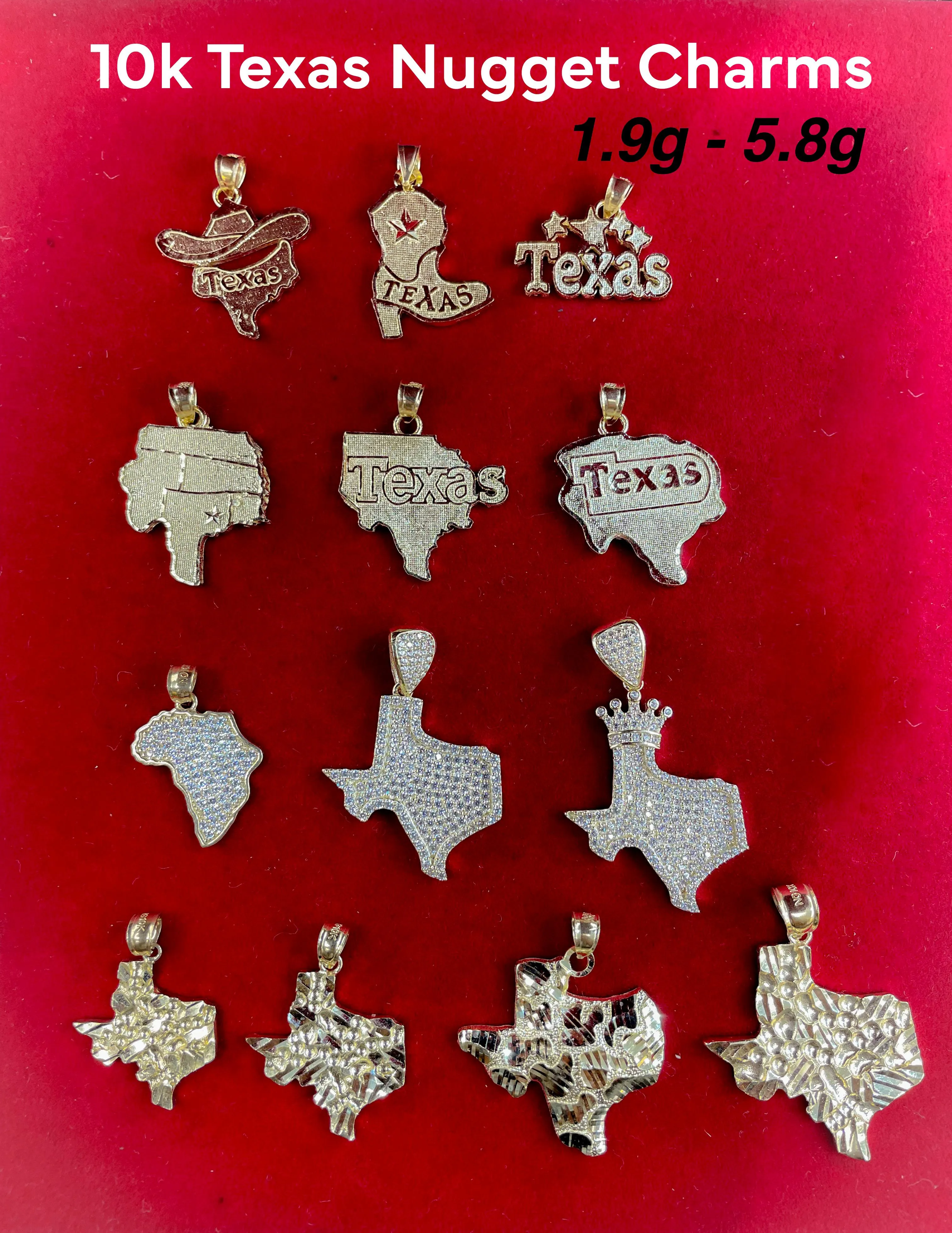 10K Real Gold Texas MAP CZ & Nugget, Cowboy Boot, Hat & Africa Map