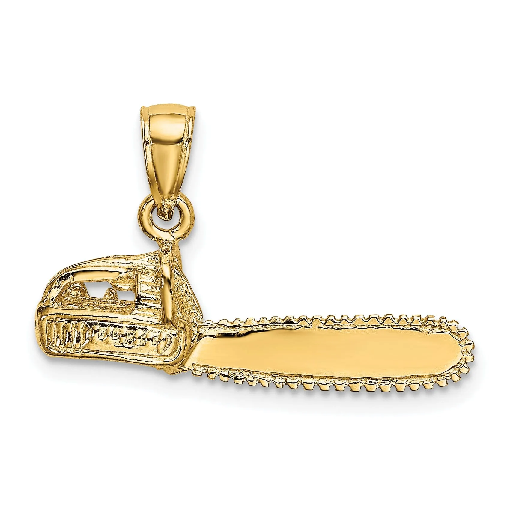 14K Yellow Gold Textured Polished Finish 3-Dimensional Chain Saw Charm Pendant