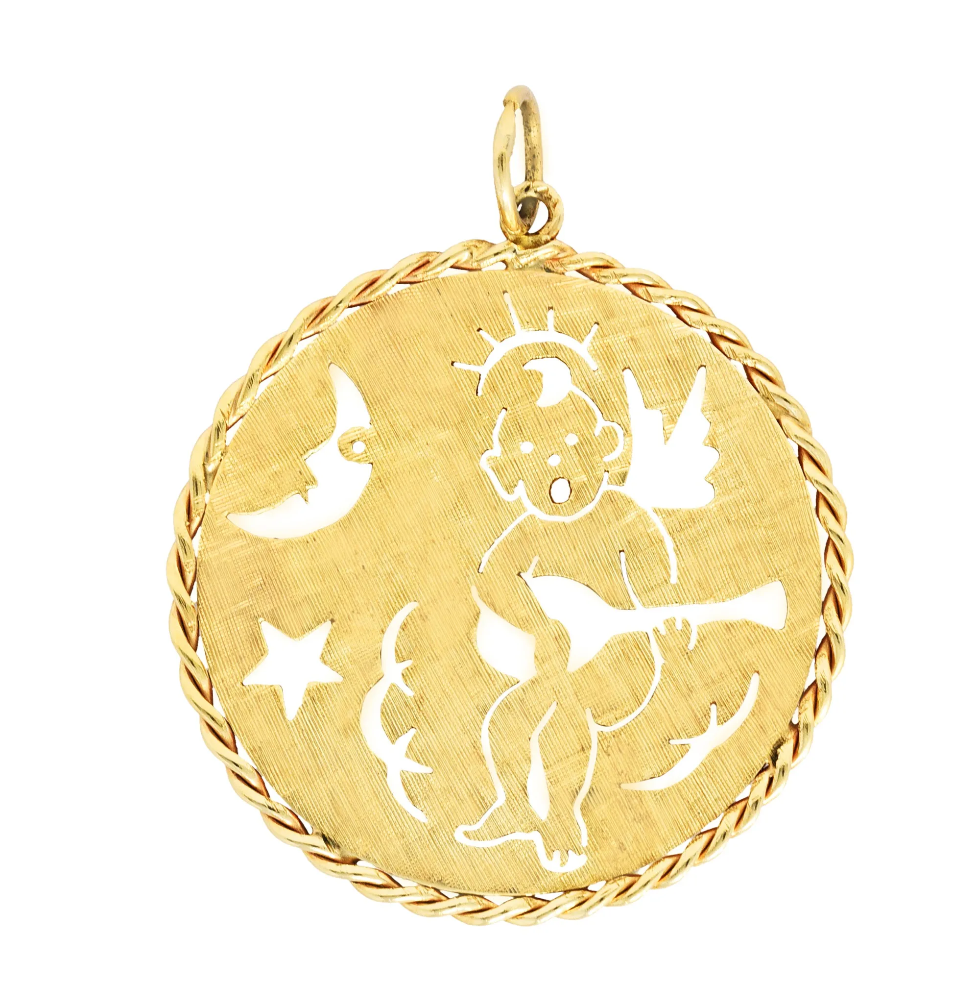 1960's Vintage 14 Karat Yellow Gold Celestial Angel Medallion Pendant