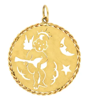 1960's Vintage 14 Karat Yellow Gold Celestial Angel Medallion Pendant