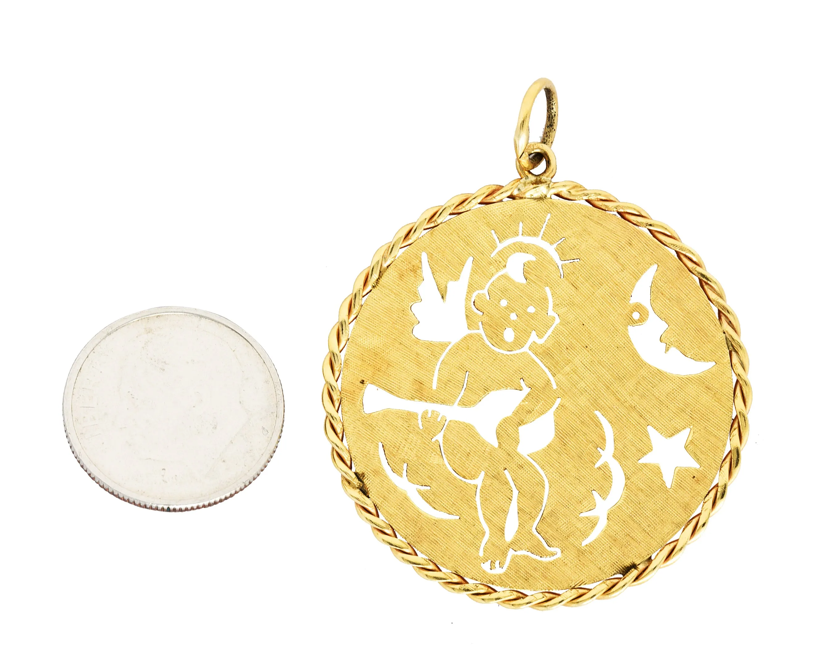 1960's Vintage 14 Karat Yellow Gold Celestial Angel Medallion Pendant