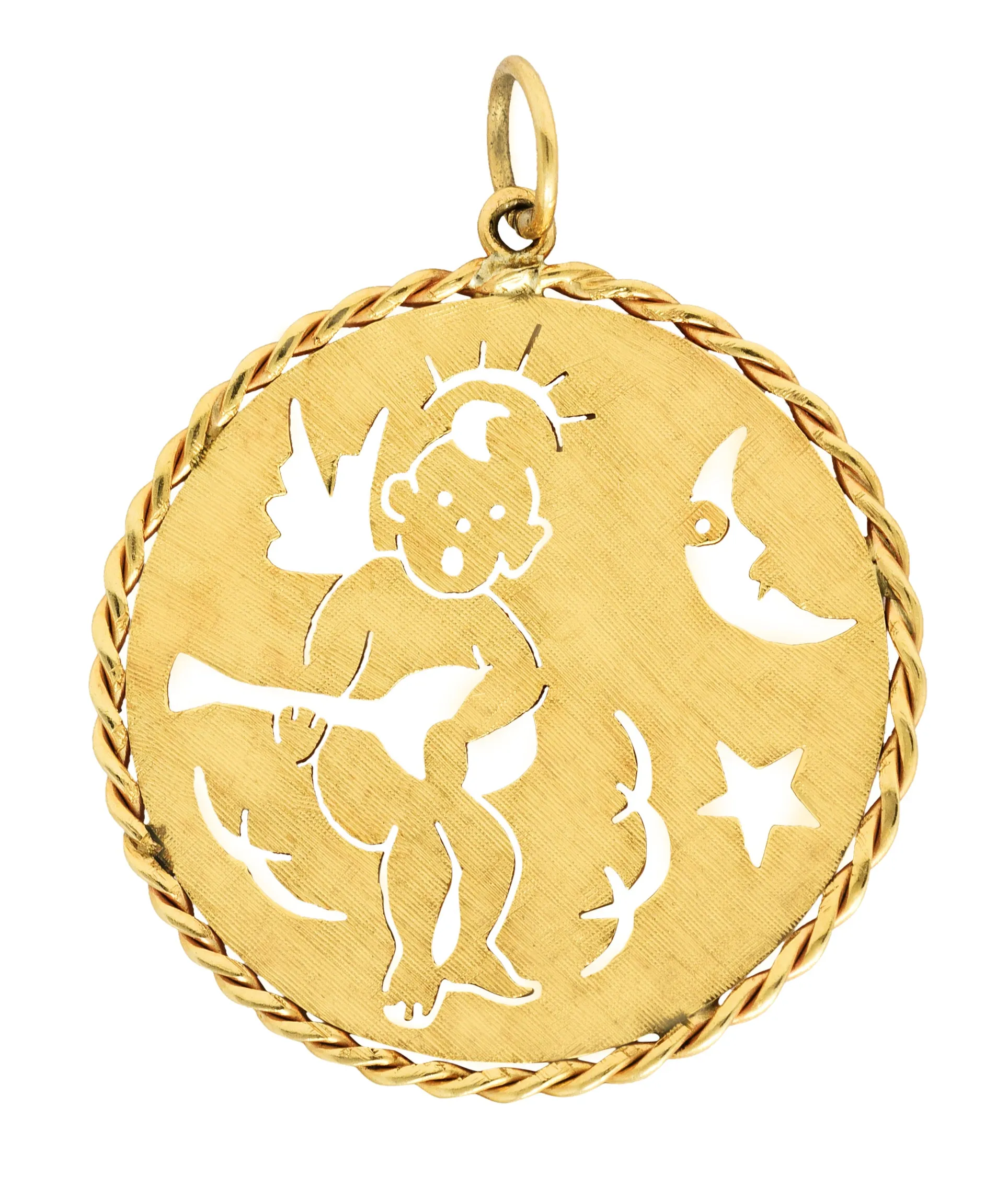1960's Vintage 14 Karat Yellow Gold Celestial Angel Medallion Pendant