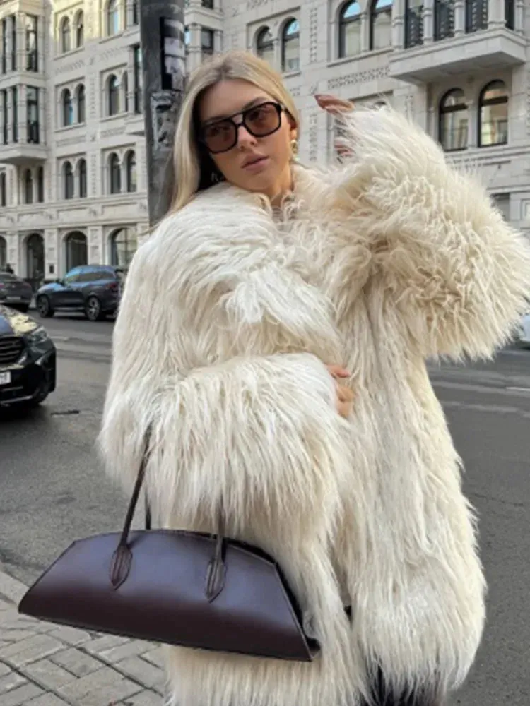 2024 White Elegant Warm Long Faux Fur Coat Fashion Lady Solid Color Full Sleeves Jacket 2024 Winter Woman High Street Outerwear