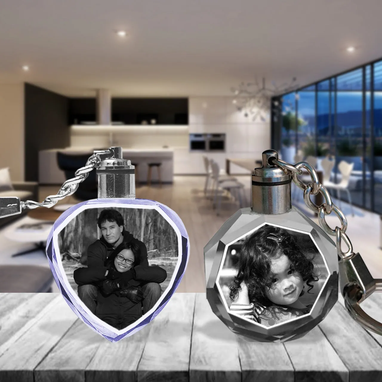 2D Laser Engraved Crystal Octagon Keychain with LED Light from your Photograph - 1 Person