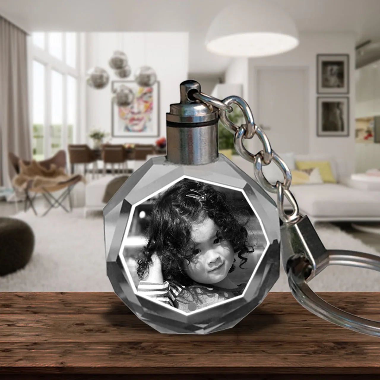 2D Laser Engraved Crystal Octagon Keychain with LED Light from your Photograph - 1 Person