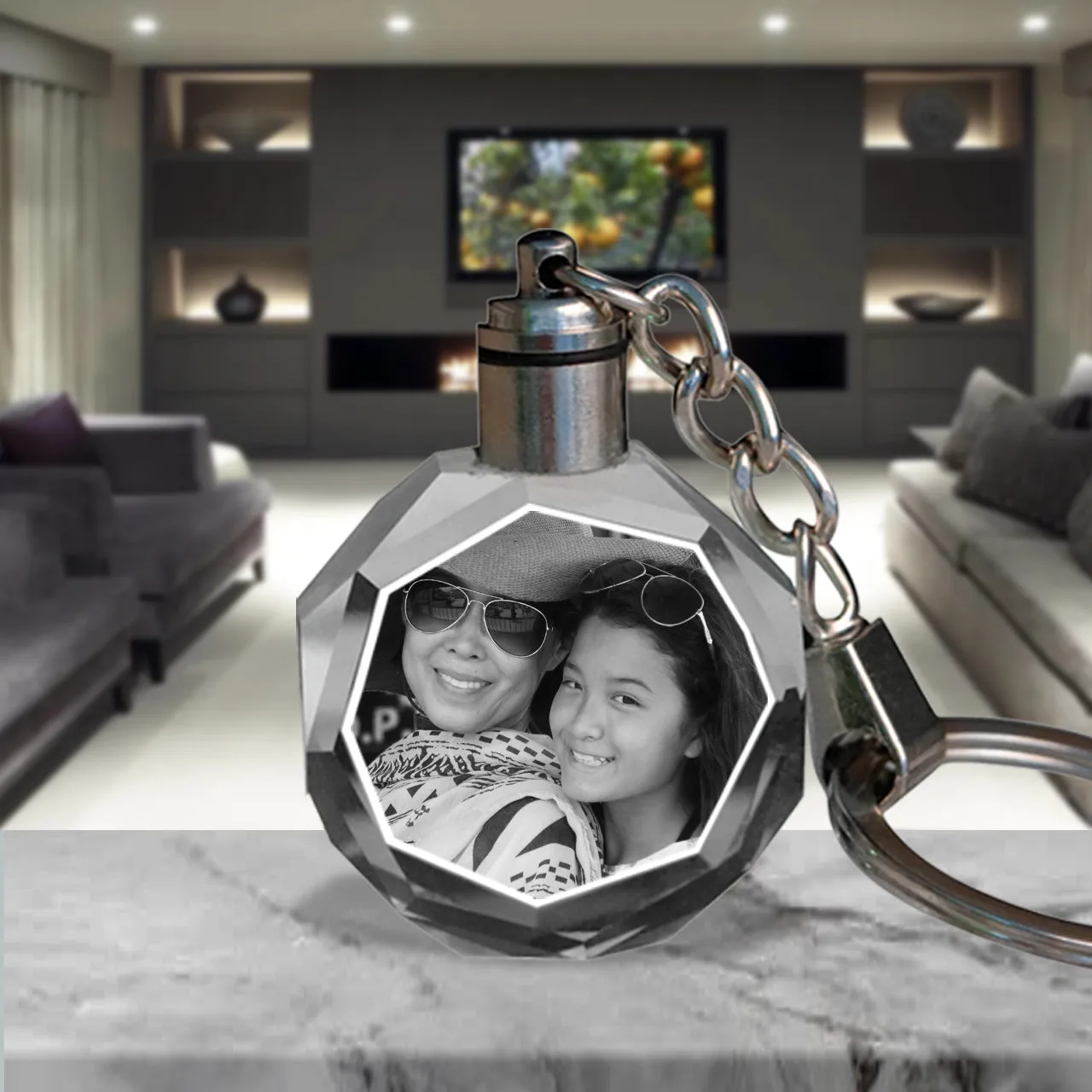 2D Laser Engraved Crystal Octagon Keychain with LED Light from your Photograph - 1 Person