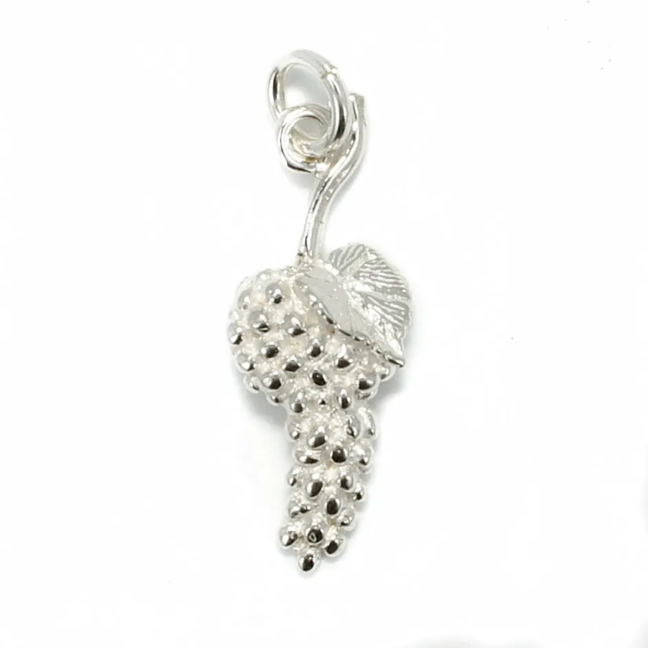 925 Sterling Silver Grape Cluster Charm with Grape Leaf