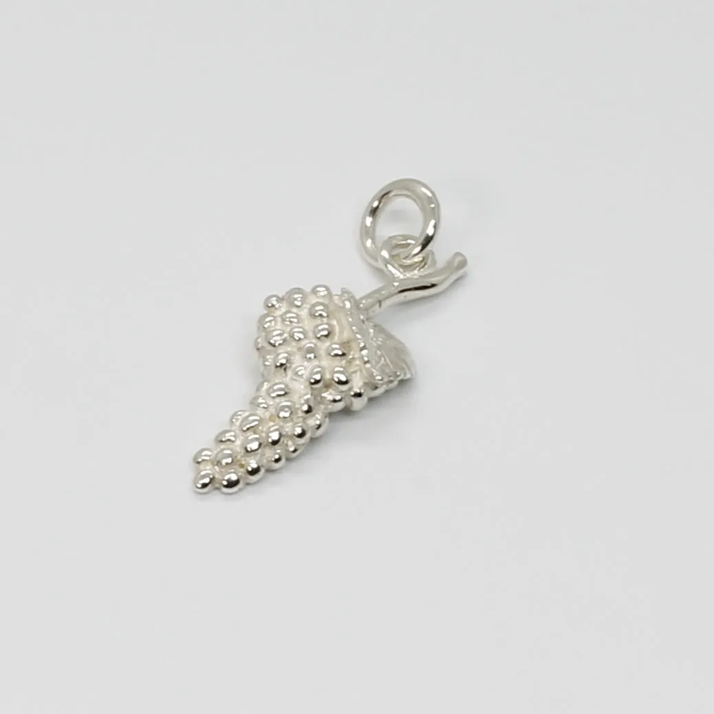 925 Sterling Silver Grape Cluster Charm with Grape Leaf