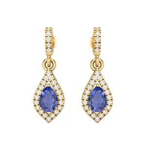 9k Yellow Gold Tanzanite Pear Shape Chandelier Teardrop Women Earrings