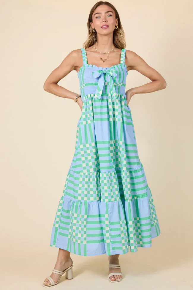 Adventures Begin Blue and Green Geometric Maxi Dress