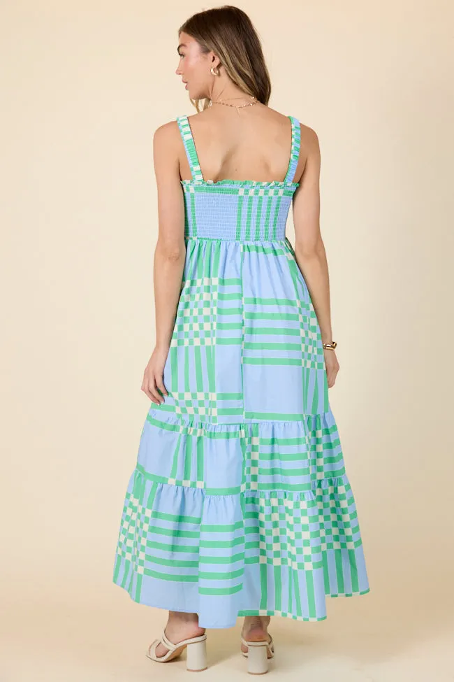 Adventures Begin Blue and Green Geometric Maxi Dress