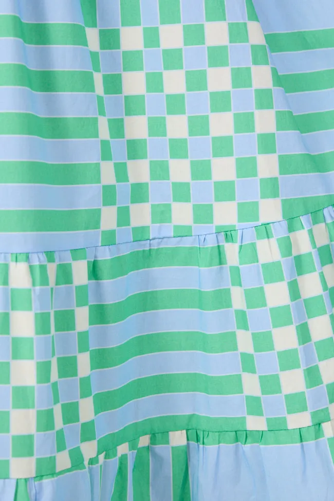Adventures Begin Blue and Green Geometric Maxi Dress