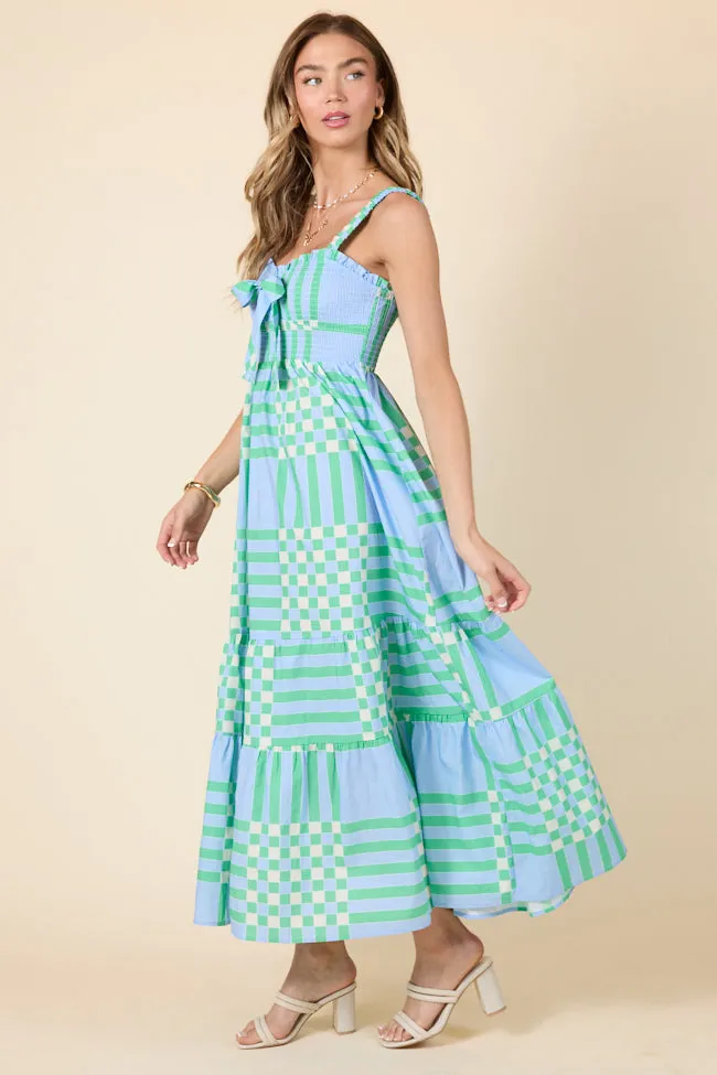 Adventures Begin Blue and Green Geometric Maxi Dress