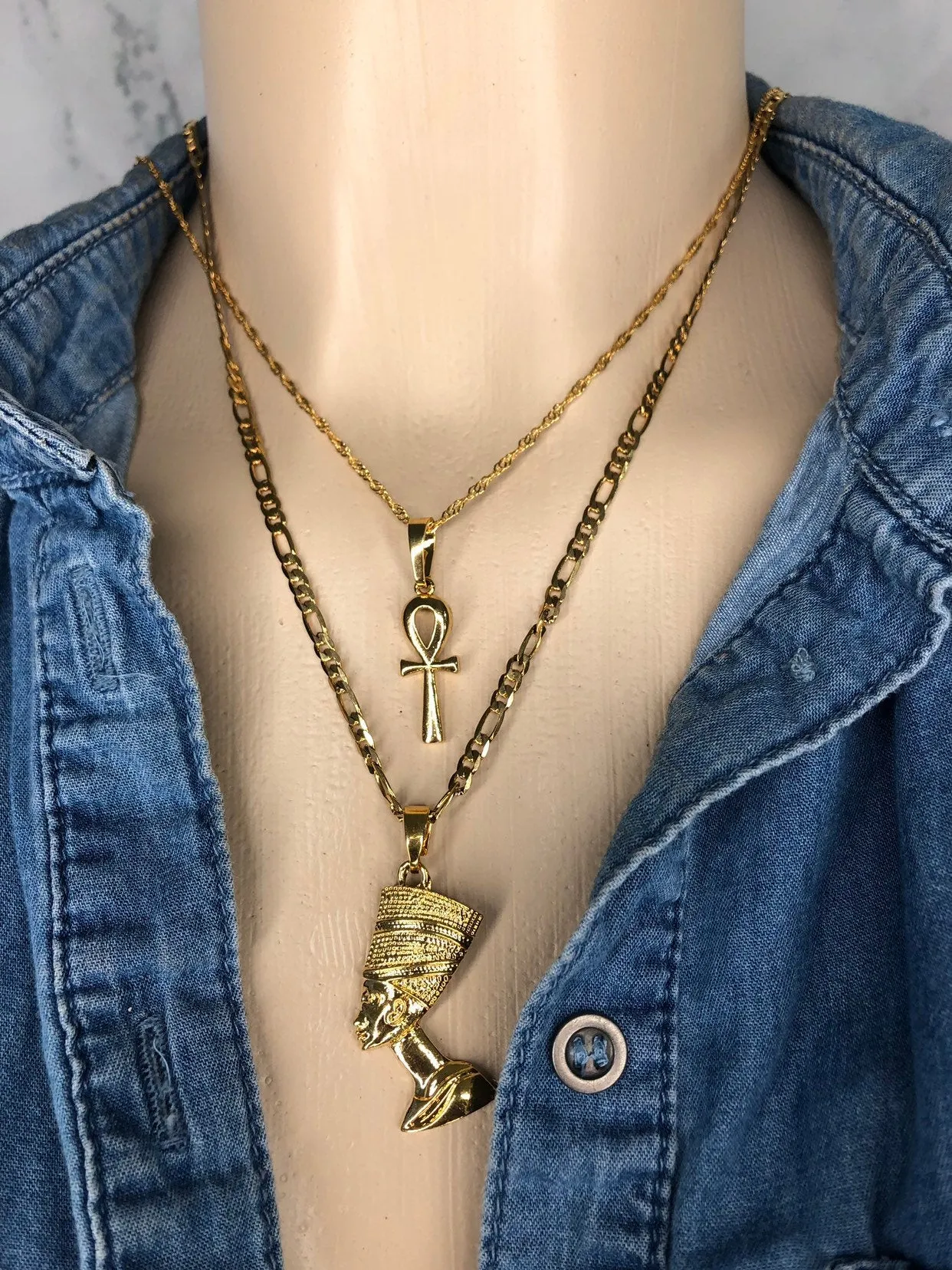 ANKH NECKLACE and Nefertiti necklace set ,anhk necklace , Nefertiti necklace ,mini anhk , women anhk, men anhk, men Nefertiti necklace ,anhk