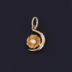 Antique Crescent Moon and Flower Charm of 10k Gold