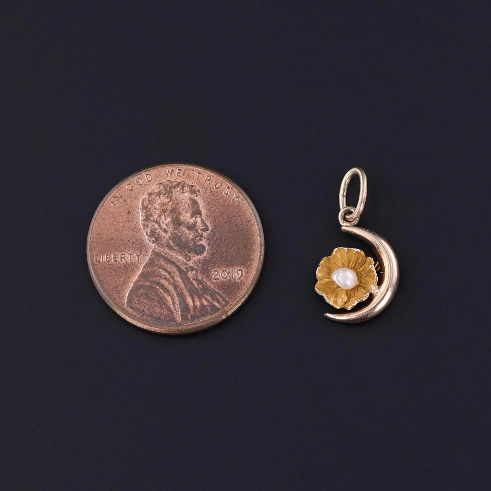 Antique Crescent Moon and Flower Charm of 10k Gold