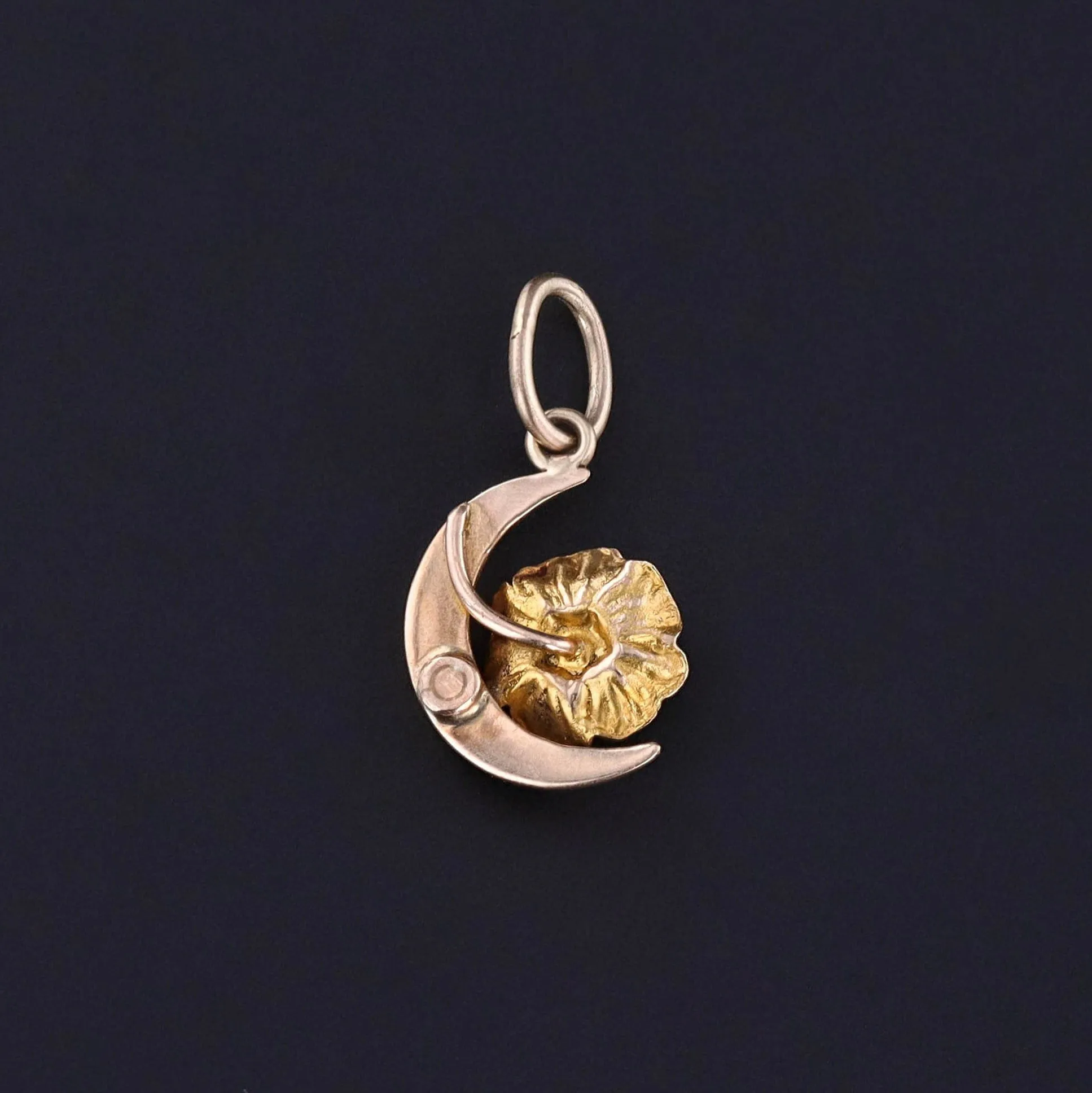 Antique Crescent Moon and Flower Charm of 10k Gold