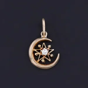 Antique Diamond Crescent Charm of 14k Gold