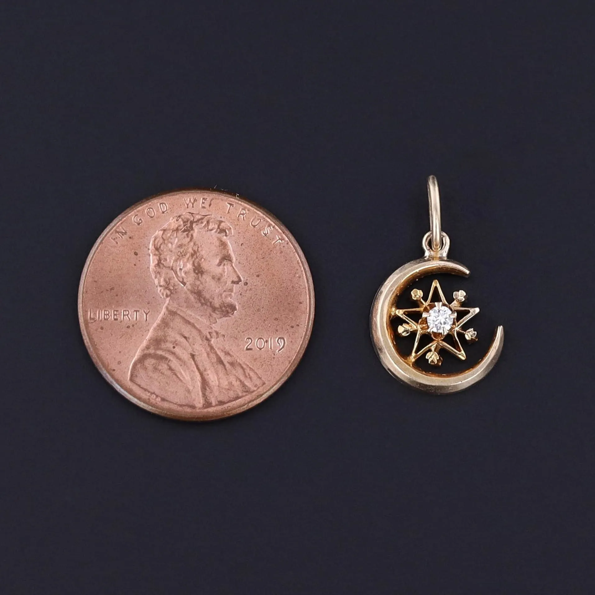 Antique Diamond Crescent Charm of 14k Gold