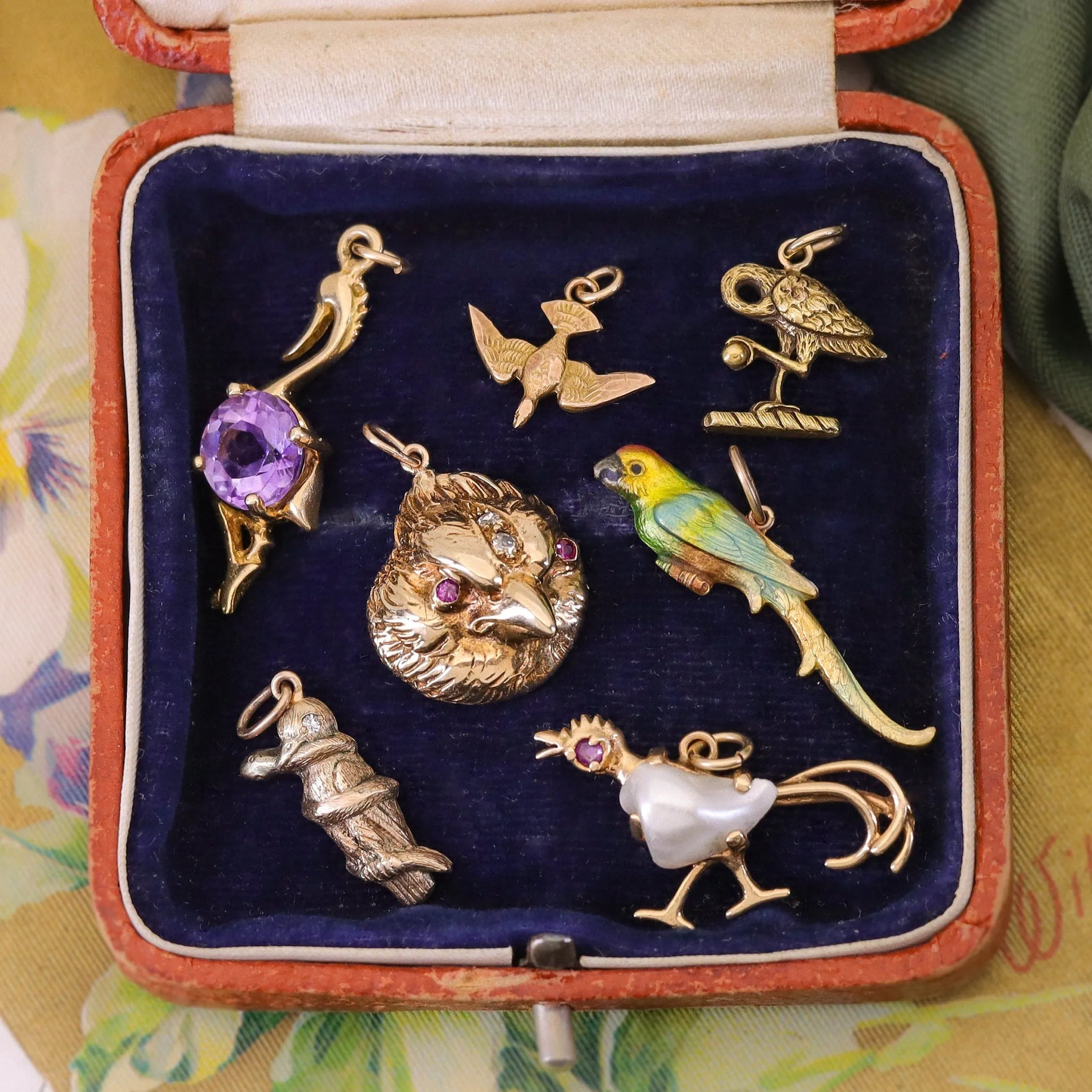 Antique Enamel Parrot Conversion Charm of 14k Gold