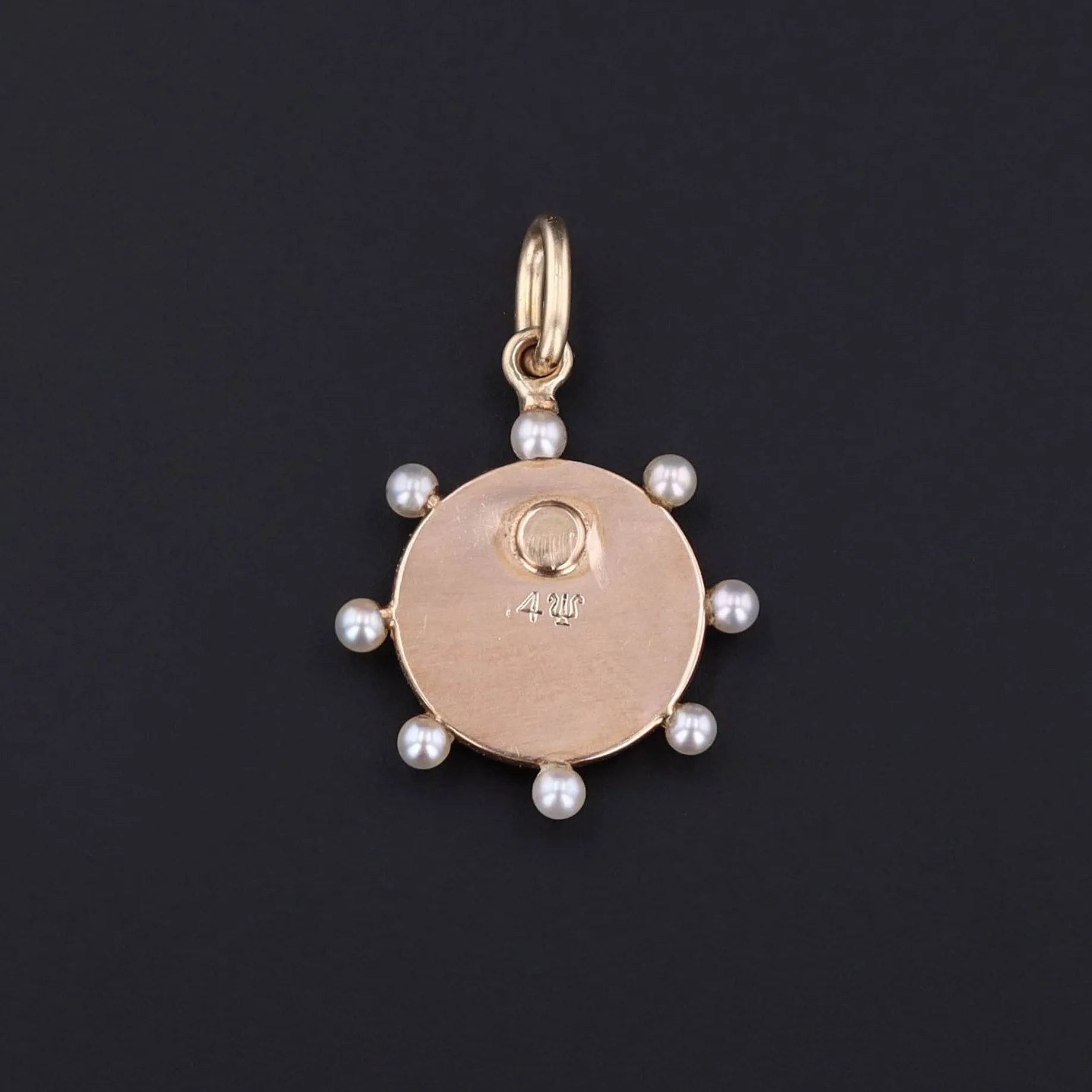 Antique Lucky Clover Charm of 14k Gold with Post Set Pearl Accents Originally a Stickpin