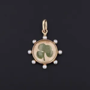 Antique Lucky Clover Charm of 14k Gold with Post Set Pearl Accents Originally a Stickpin