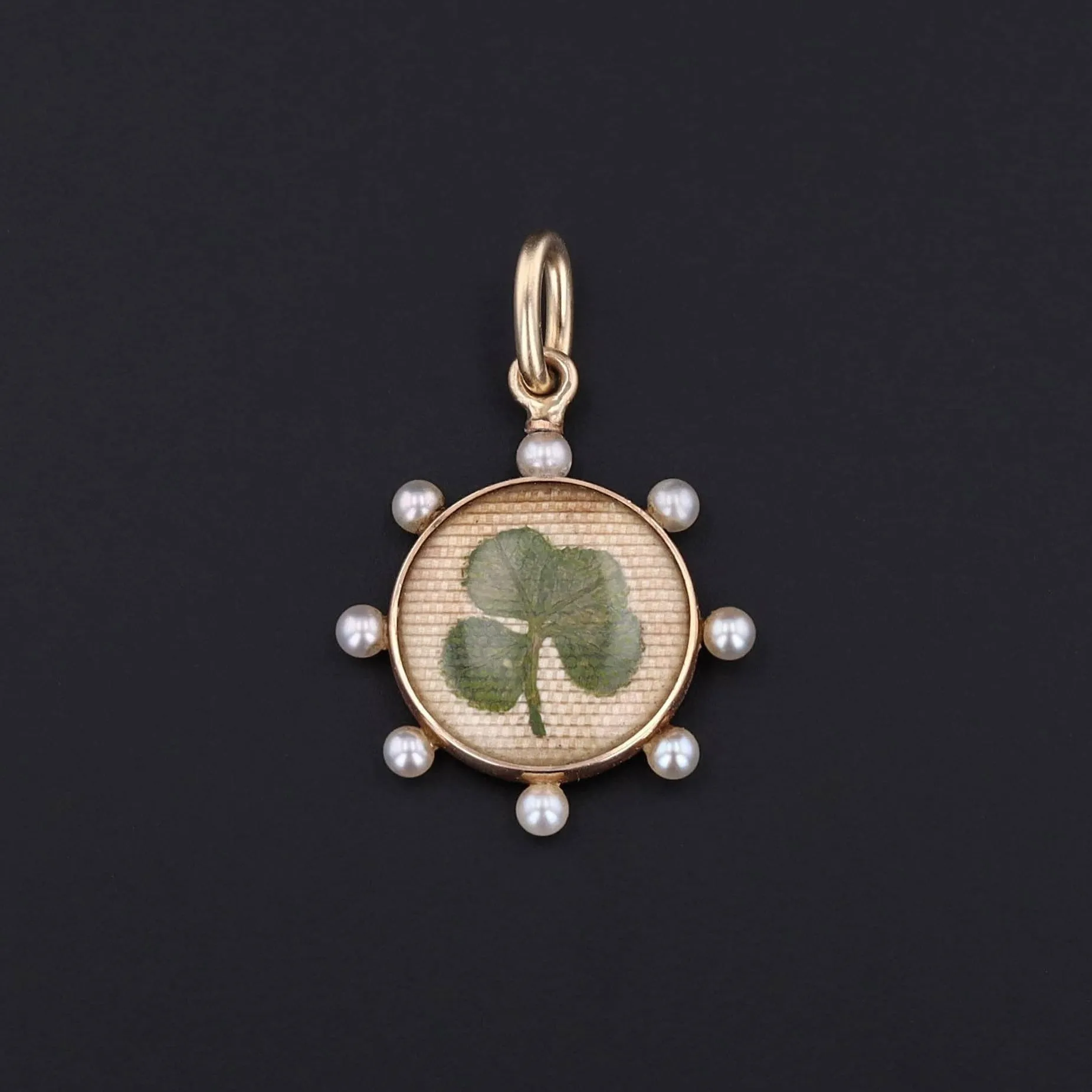 Antique Lucky Clover Charm of 14k Gold with Post Set Pearl Accents Originally a Stickpin