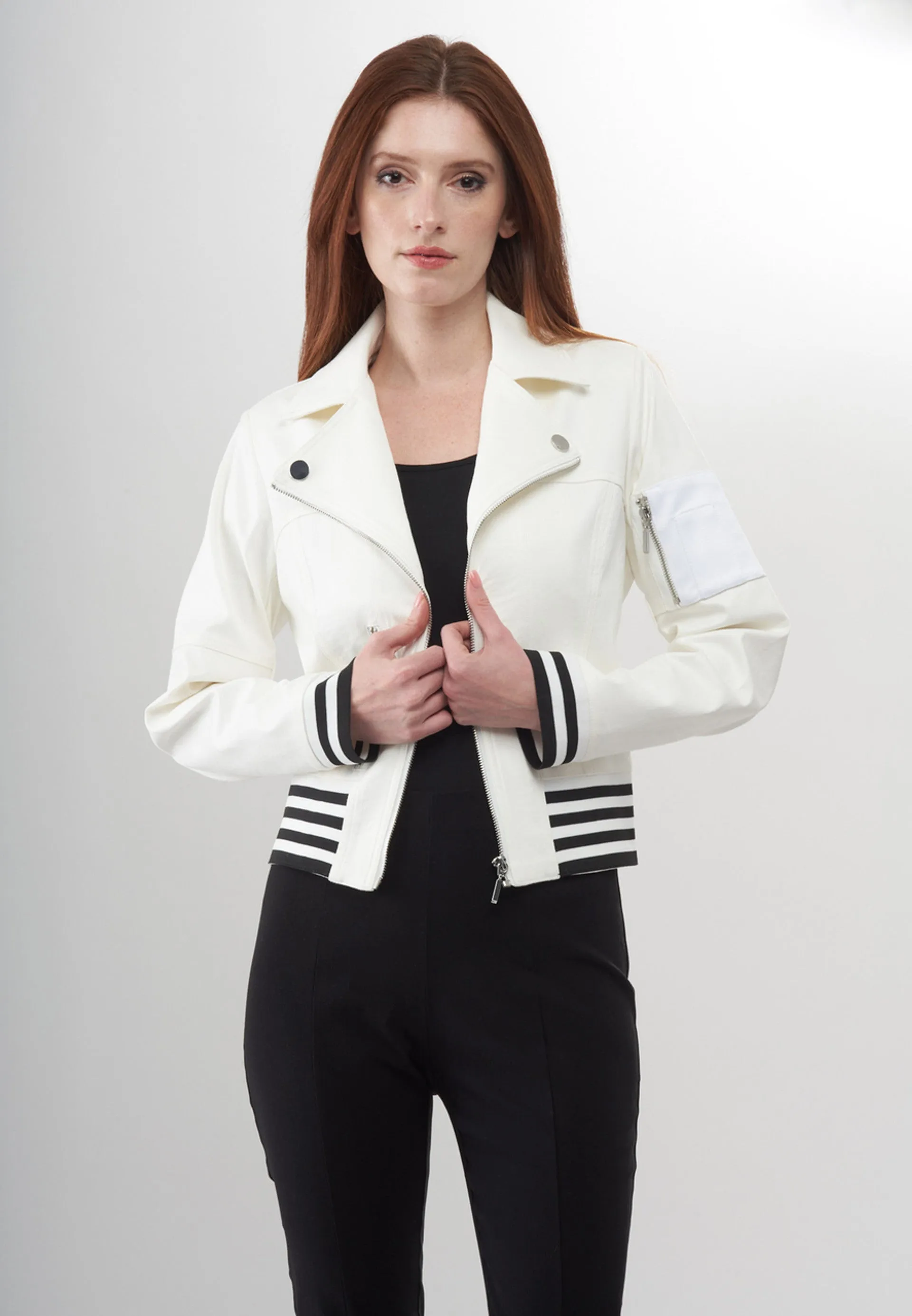 BCJ 1809D Solid Vegan Leather Zip Up Jacket with Knit Trim