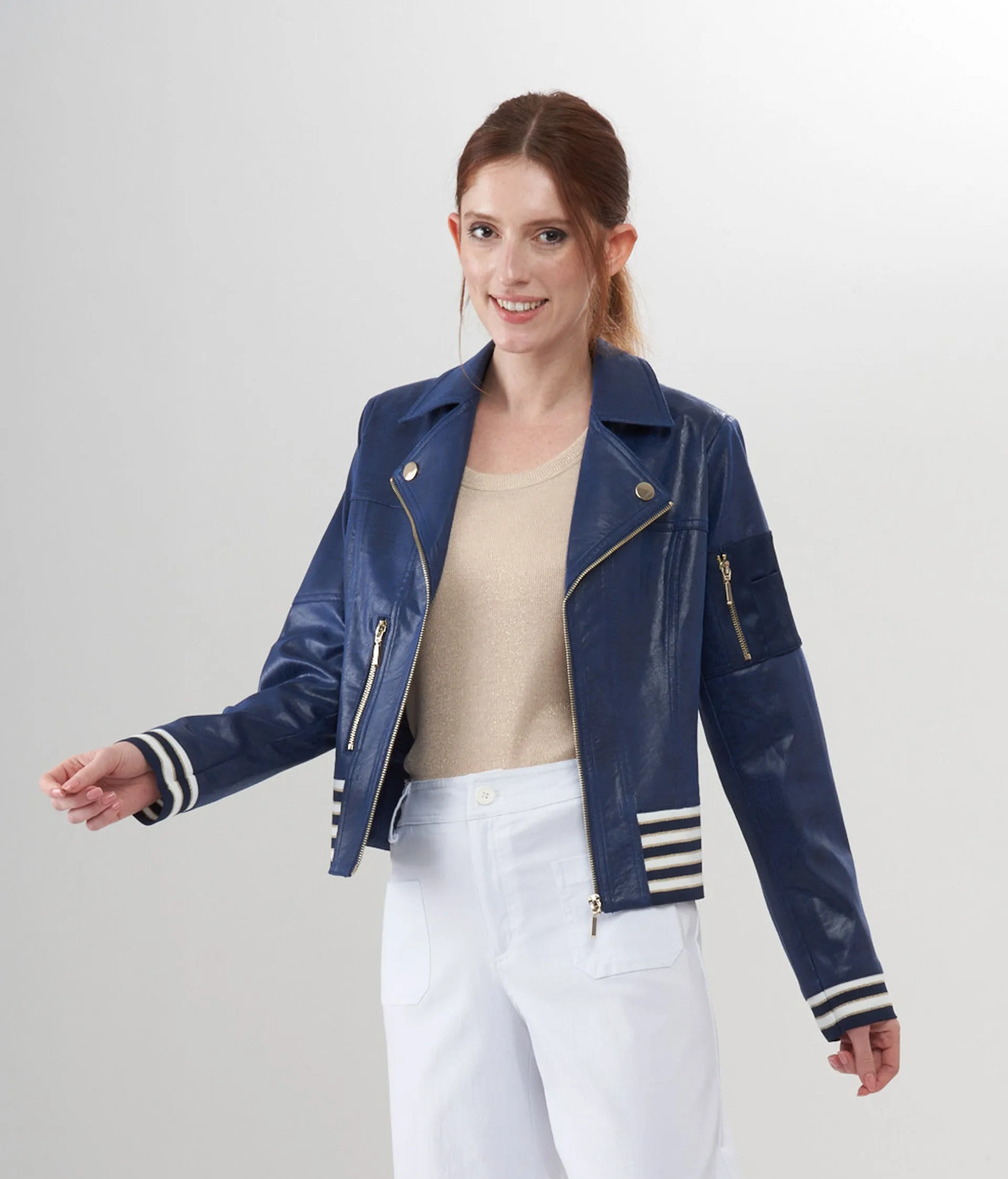 BCJ 1809D Solid Vegan Leather Zip Up Jacket with Knit Trim