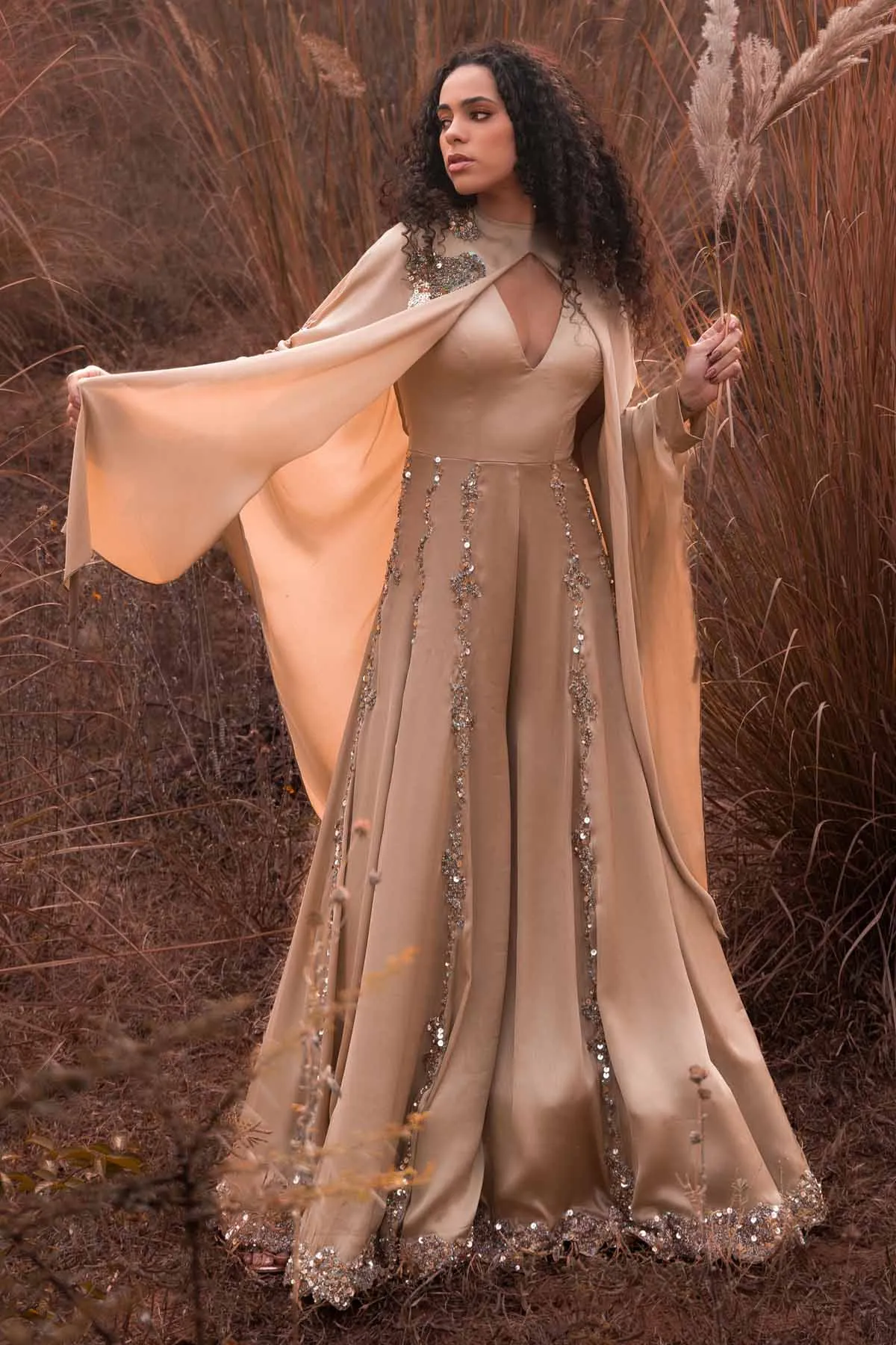Beige Flared Jumpsuit & Cape