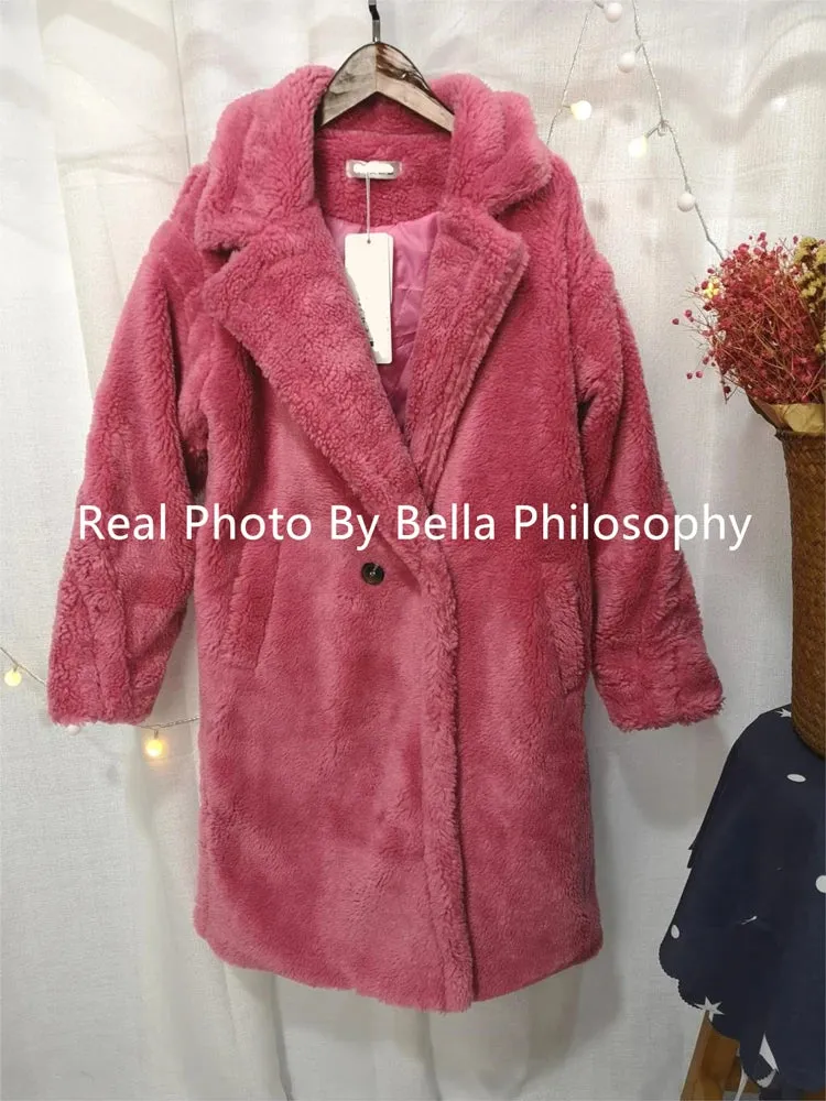 Bella Philosophy Women Winter Faux Fur Warm Long Coat Long Sleeve Female Thick Teddy Bear Coat Casual Loose Oversize Outwears