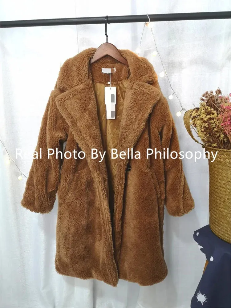 Bella Philosophy Women Winter Faux Fur Warm Long Coat Long Sleeve Female Thick Teddy Bear Coat Casual Loose Oversize Outwears