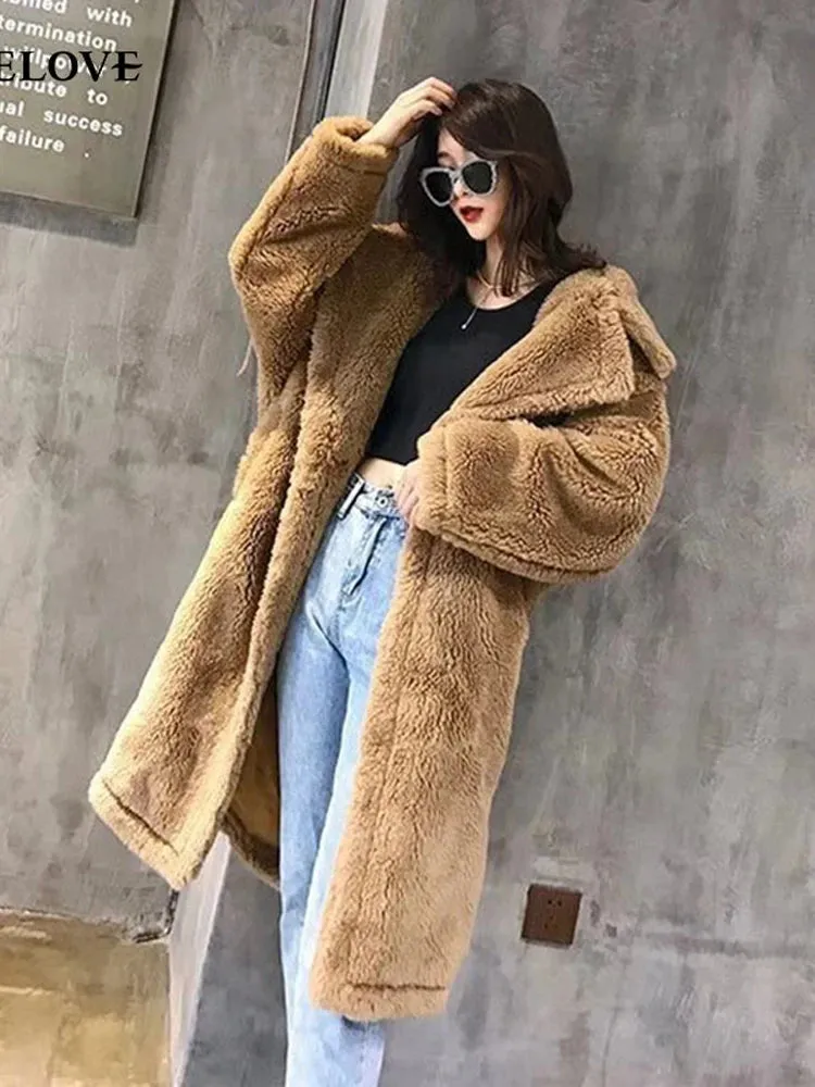 Bella Philosophy Women Winter Faux Fur Warm Long Coat Long Sleeve Female Thick Teddy Bear Coat Casual Loose Oversize Outwears