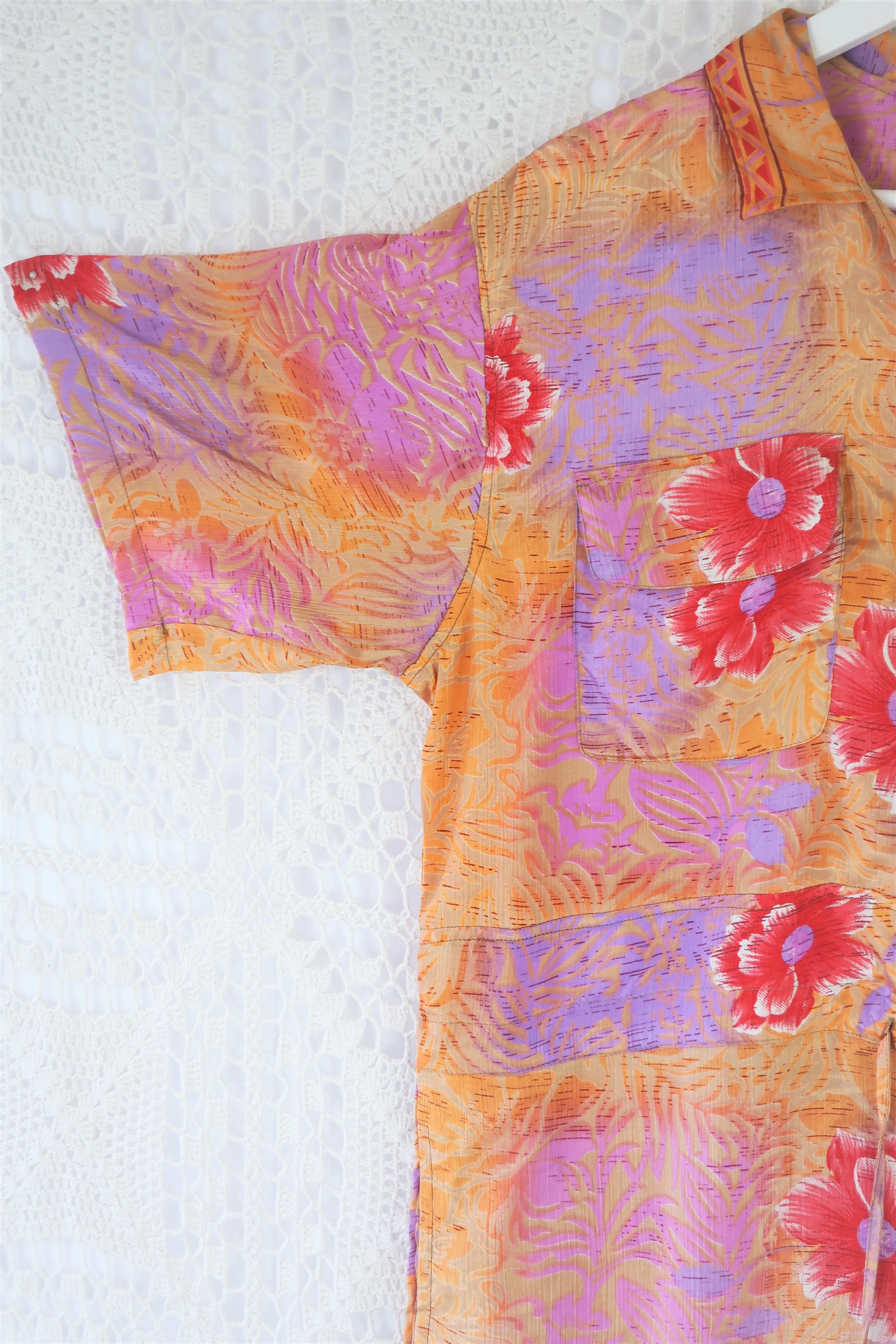 Billie Jumpsuit - Vintage Indian Sari - Peachy Sunset & Lilac Bold Floral - XL