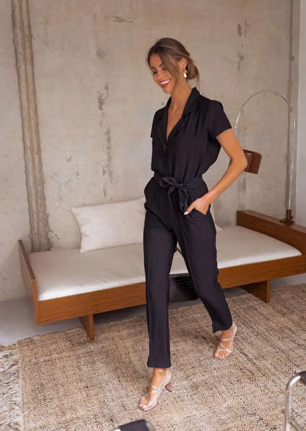 Black Belted Button Down Jumpsuit