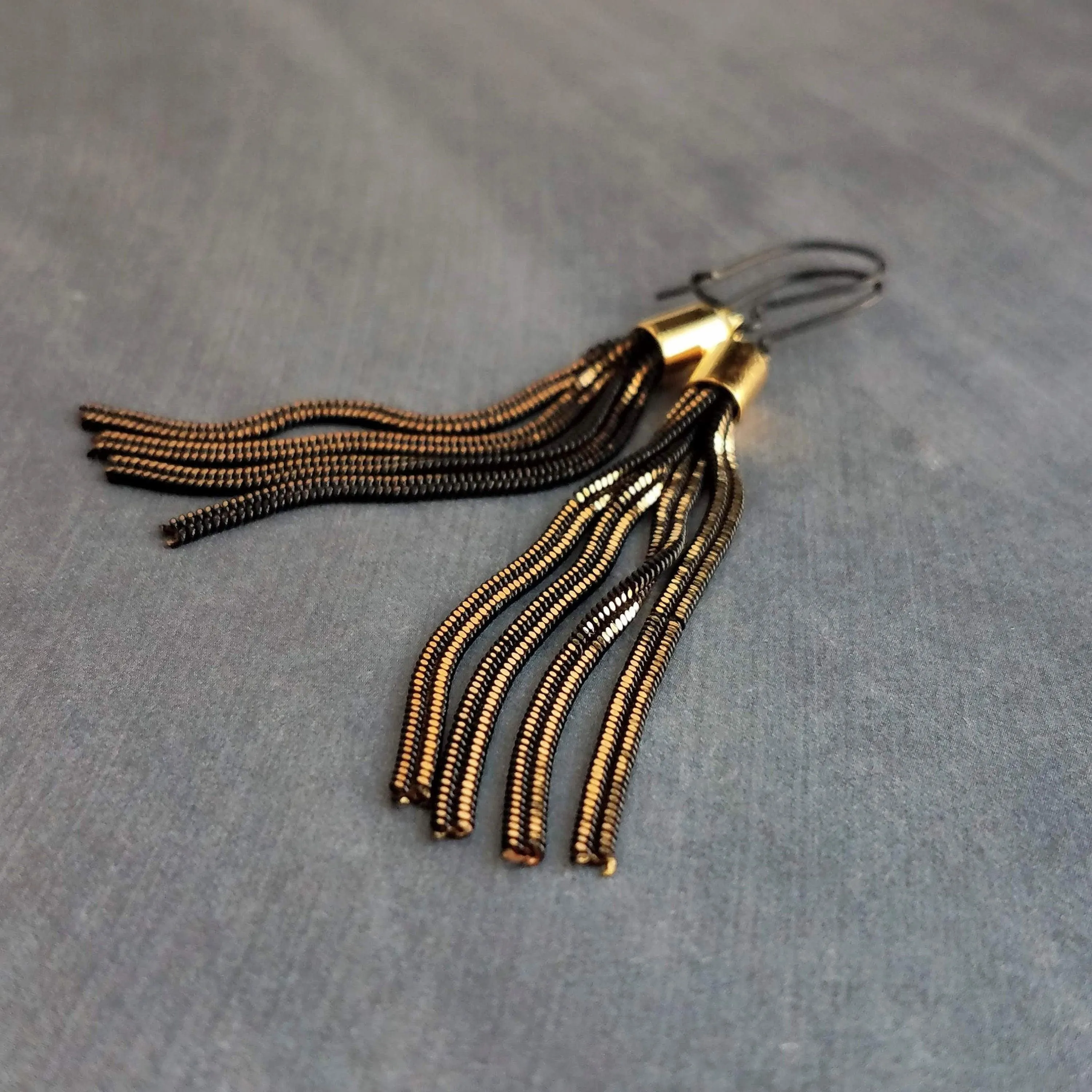Black Gold Chain Earrings, black tassel earring, herringbone chain earring, chain fringe earring long chain earring long black chain earring