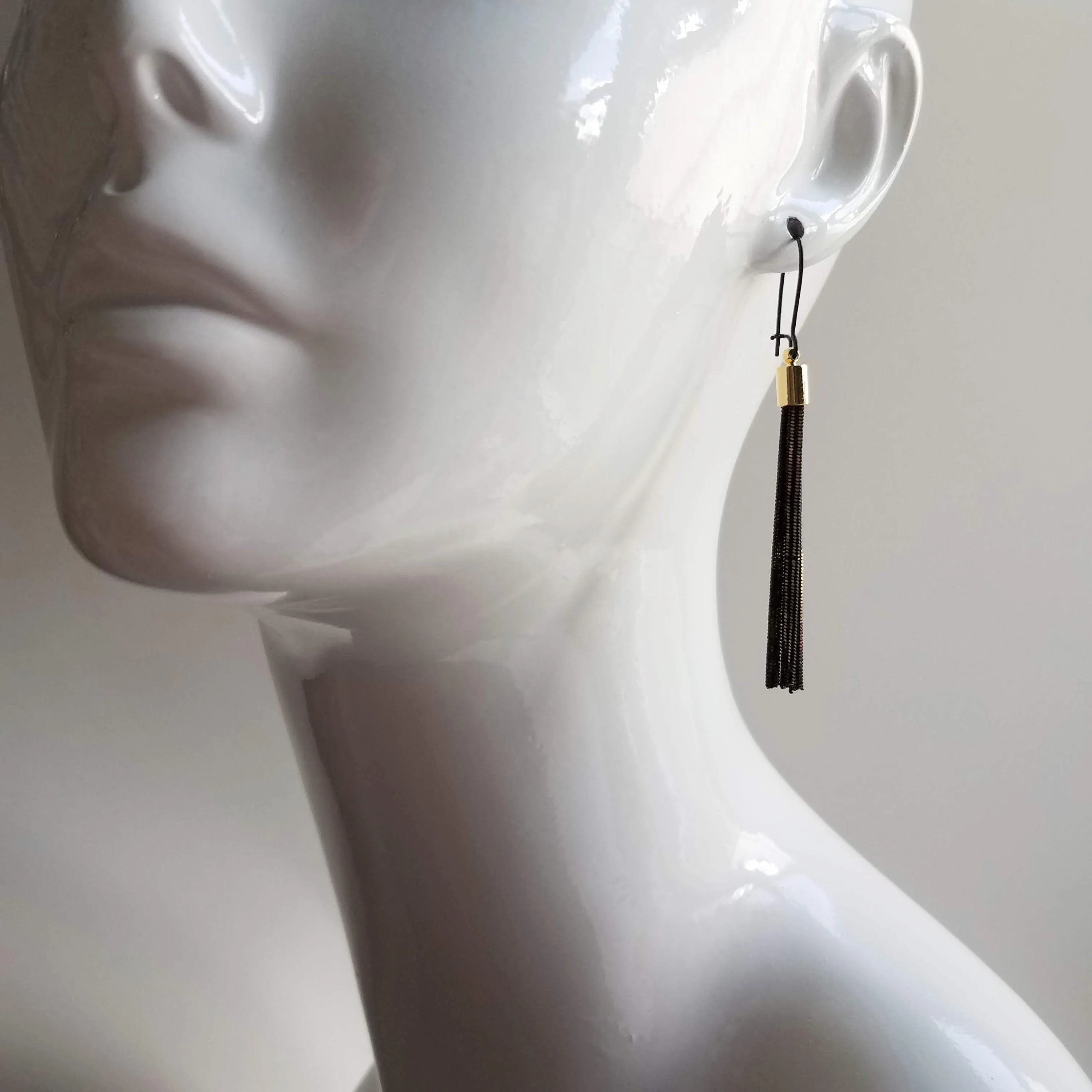 Black Gold Chain Earrings, black tassel earring, herringbone chain earring, chain fringe earring long chain earring long black chain earring