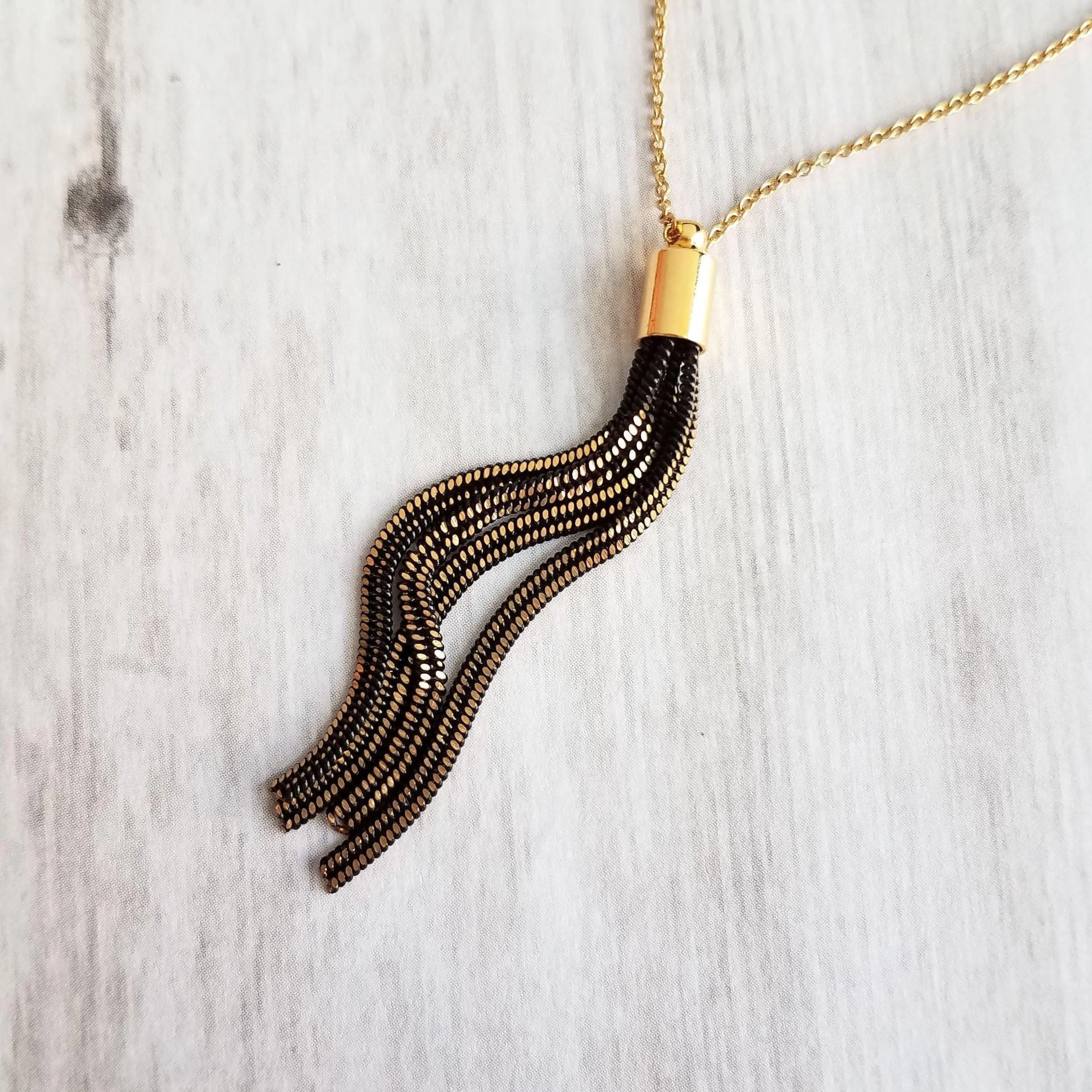 Black Gold Chain Earrings, black tassel earring, herringbone chain earring, chain fringe earring long chain earring long black chain earring