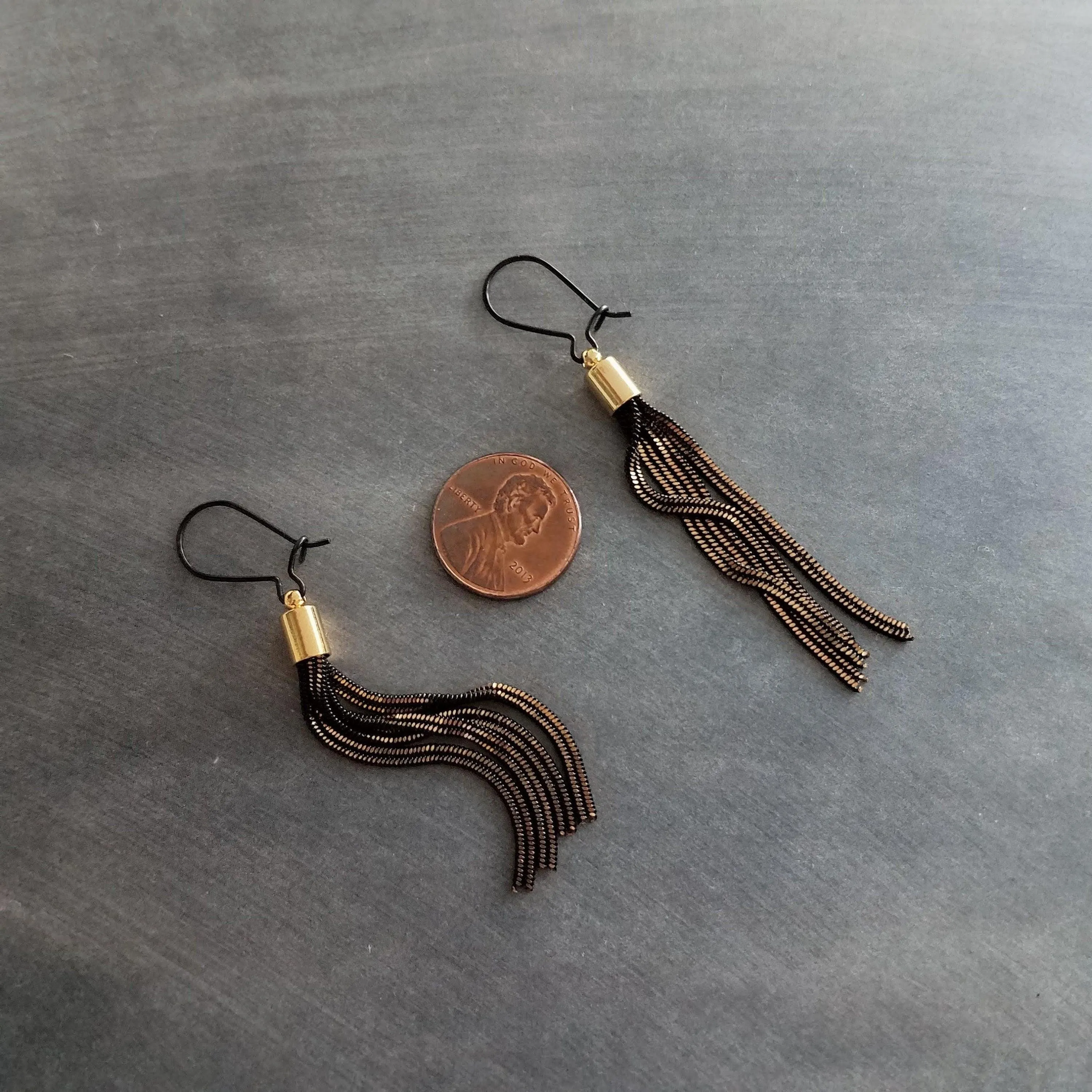 Black Gold Chain Earrings, black tassel earring, herringbone chain earring, chain fringe earring long chain earring long black chain earring