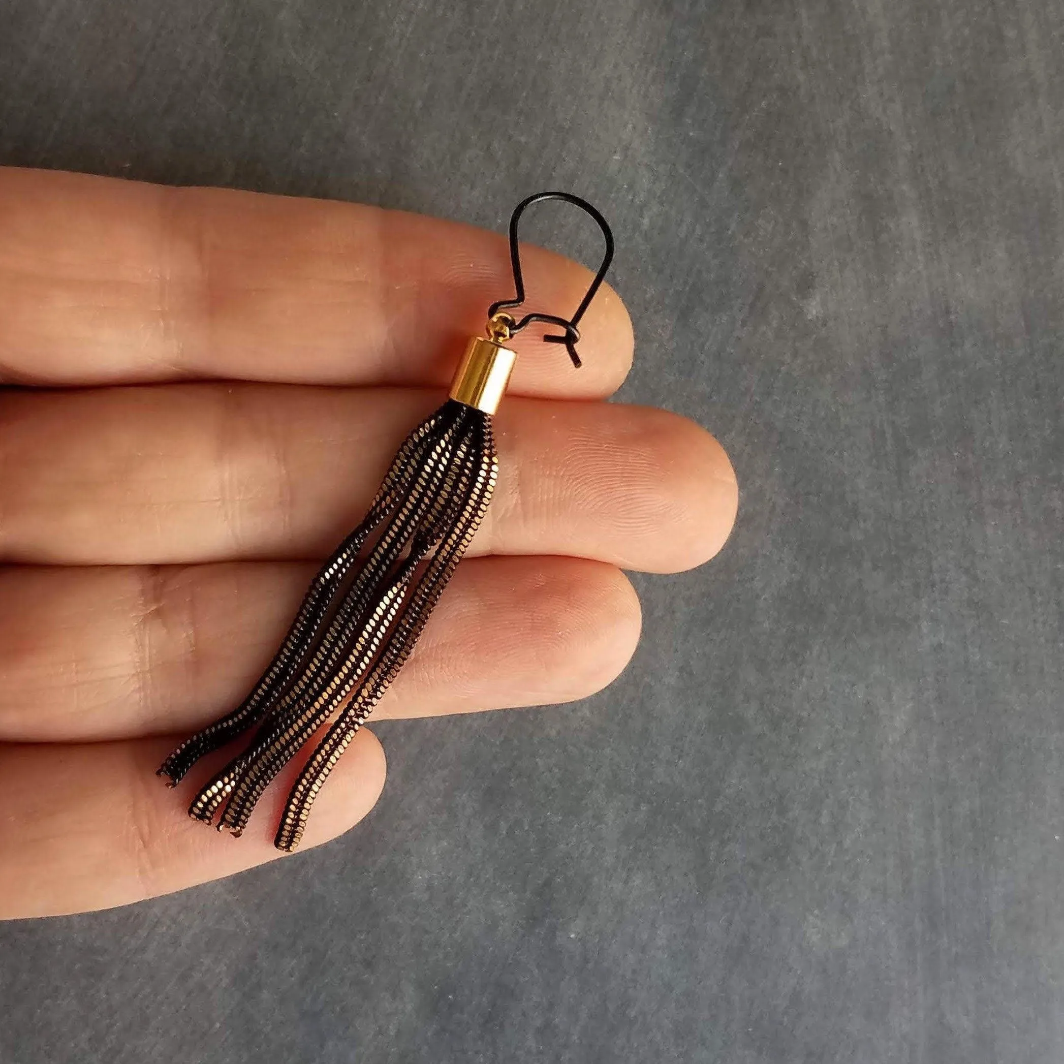 Black Gold Chain Earrings, black tassel earring, herringbone chain earring, chain fringe earring long chain earring long black chain earring