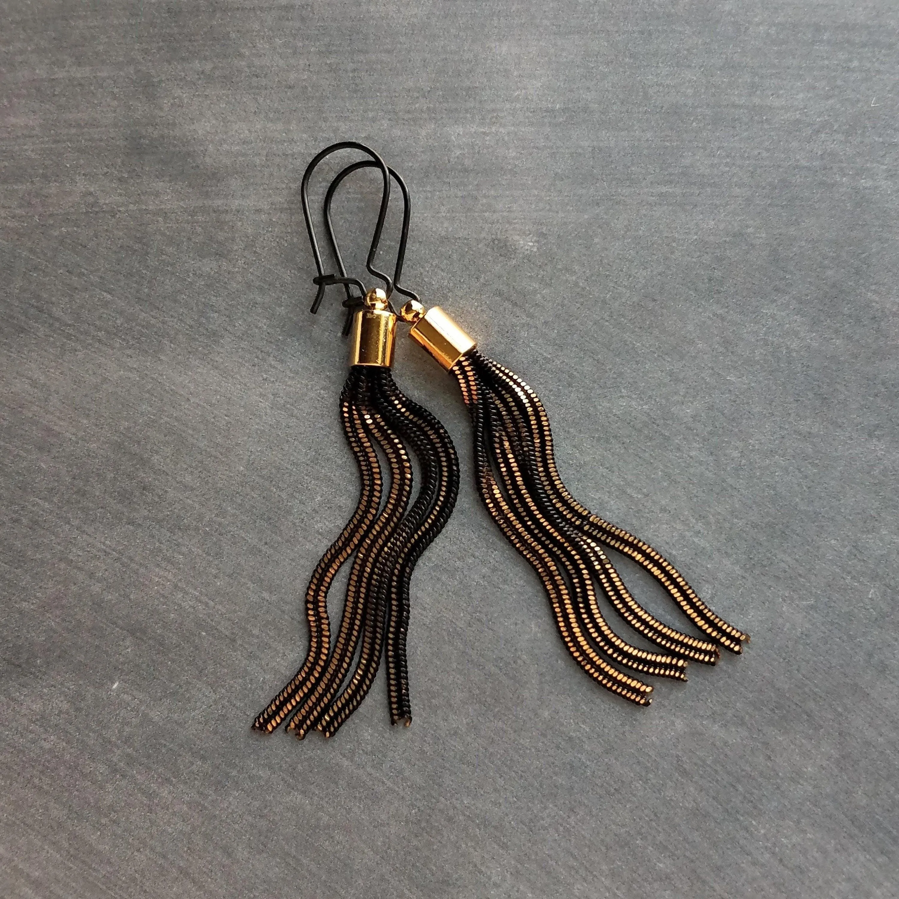 Black Gold Chain Earrings, black tassel earring, herringbone chain earring, chain fringe earring long chain earring long black chain earring