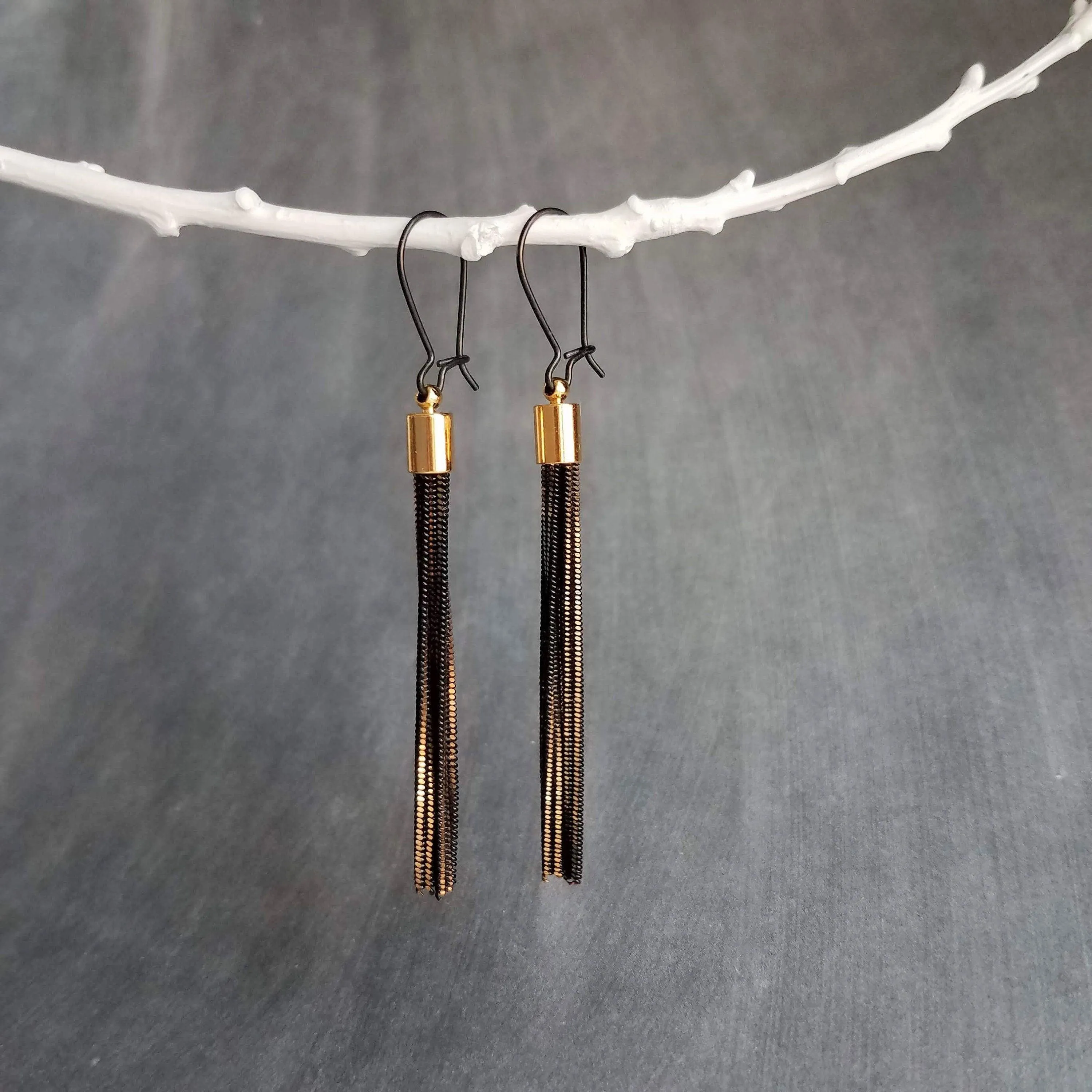 Black Gold Chain Earrings, black tassel earring, herringbone chain earring, chain fringe earring long chain earring long black chain earring