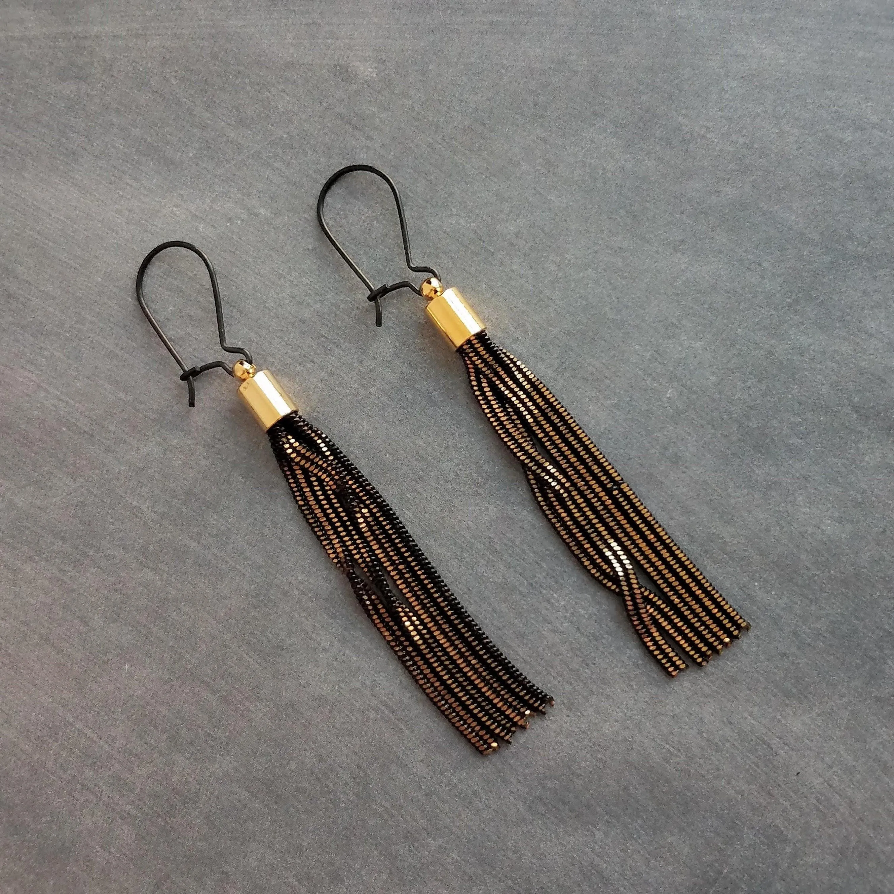 Black Gold Chain Earrings, black tassel earring, herringbone chain earring, chain fringe earring long chain earring long black chain earring