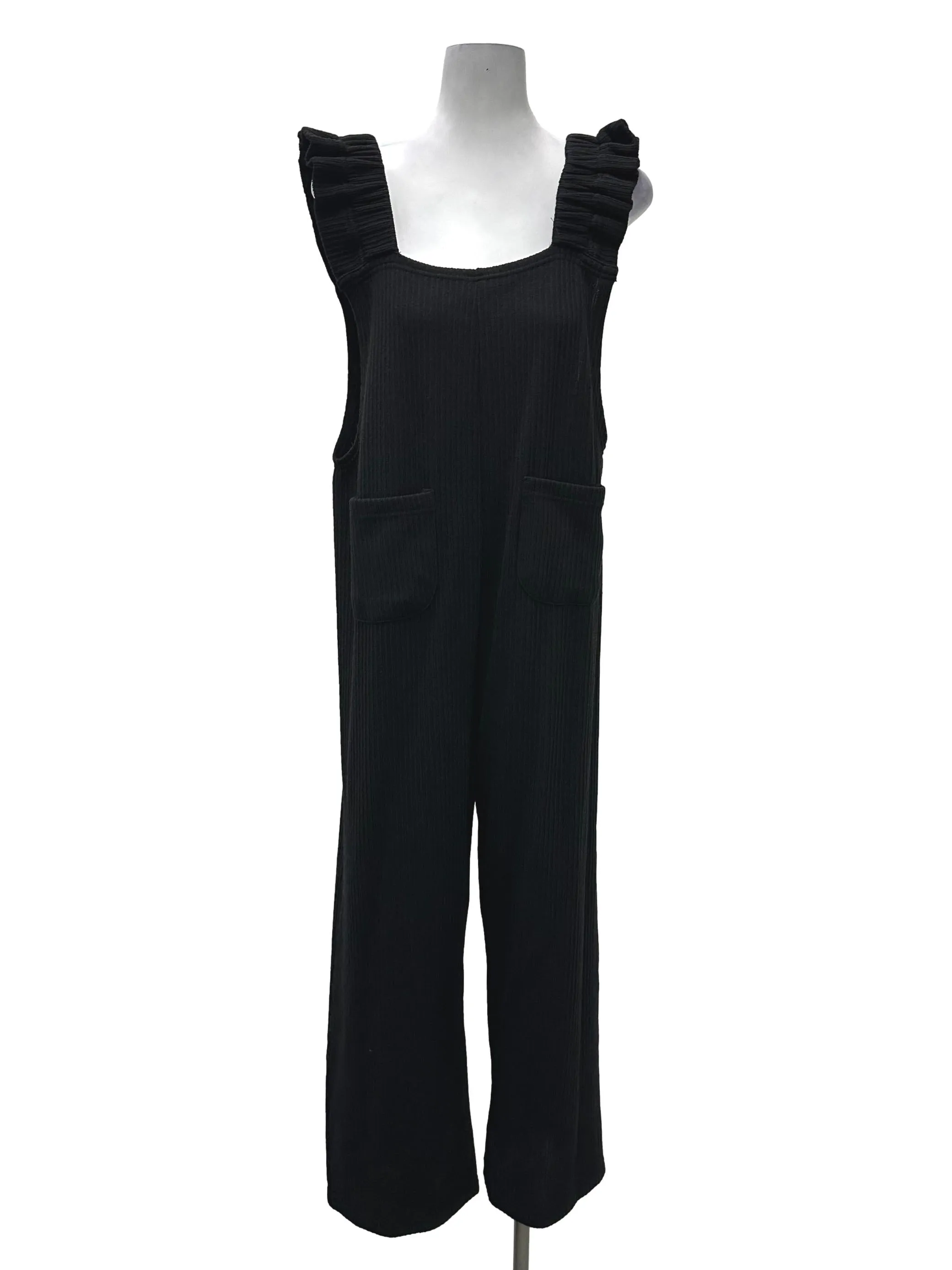 Black Ruffled Ribbed Jumpsuit