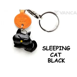 Black Sleeping Japanese Leather Keychains Cat