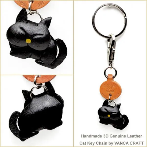 Black Sleeping Japanese Leather Keychains Cat