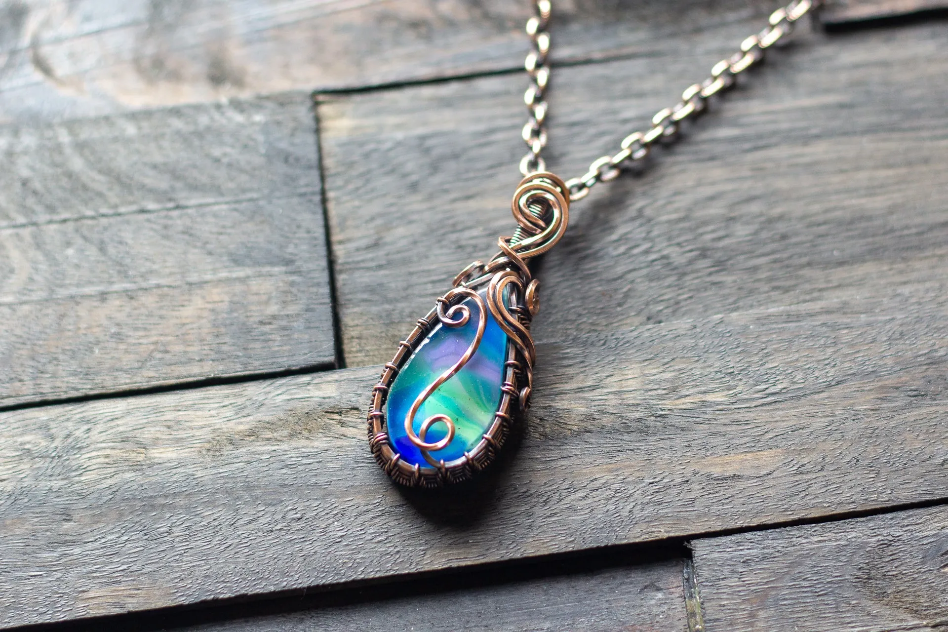 Blue and Green Fused Glass and Copper Wire Pendant