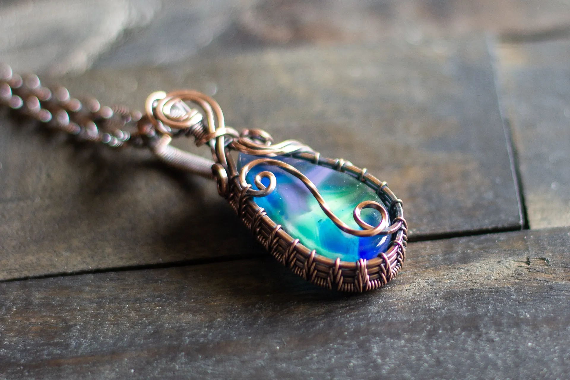 Blue and Green Fused Glass and Copper Wire Pendant