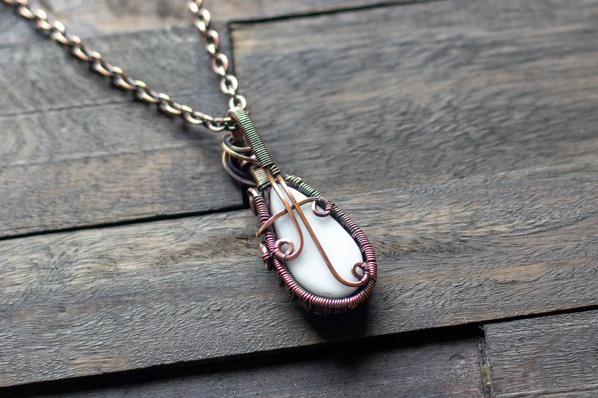 Blue and Green Fused Glass and Copper Wire Pendant